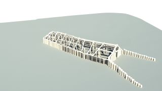 3D reconstruction and visualization of the internal timber mortuary building of the long barrow; the post-hole structures that once contained the wooden posts are visible in the data of the geophysical survey.
