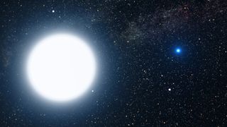 An illustration shows a bright white dwarf star shining in front of a vast sea of distant stars and galaxies