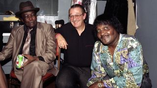 Charlie Musselwhite sits with John Lee Hooker (left) and Albert Collins during the South Bay Blues Awards in Santa Clara, California, November 15, 1992