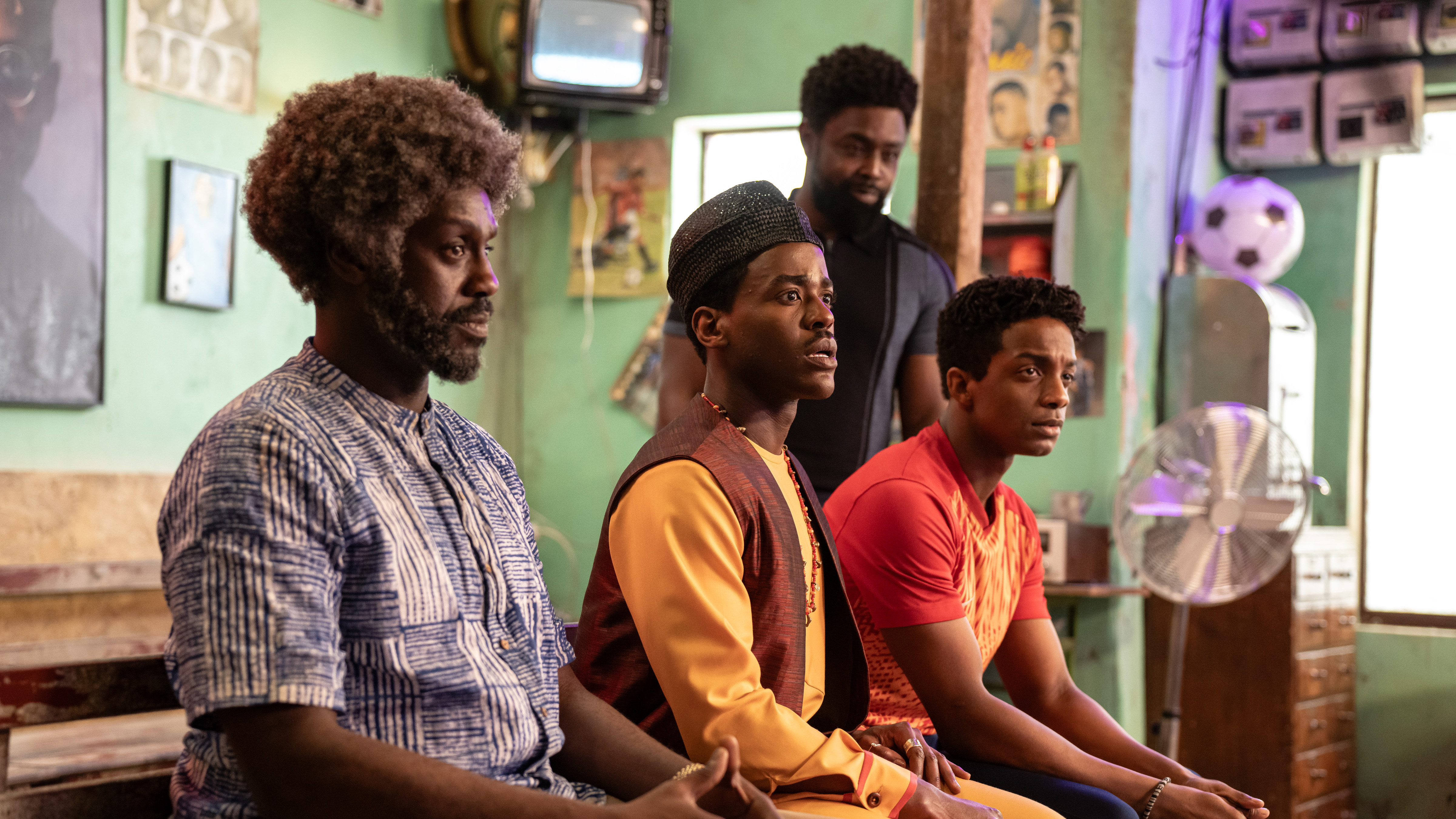 Sule Rimi as Omo Akiyemi, Ncuti Gatwa as the Doctor, Michael Balogun as Amaka Obioma, and Jordan Adene as Tunde Adebayo in 'The Story & The Engine.'