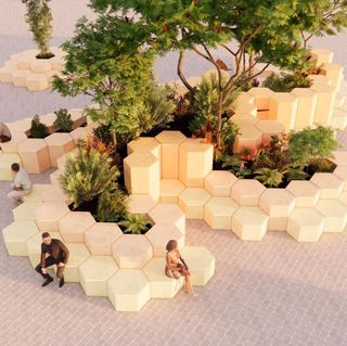Modular hexagonal seating composition with plants