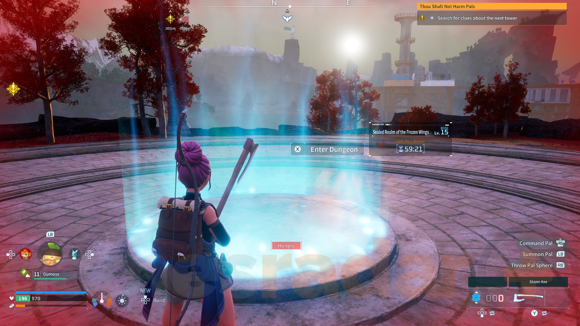 The player character waits outside a dungeon as the boss respawn timer ticks down in Palworld.