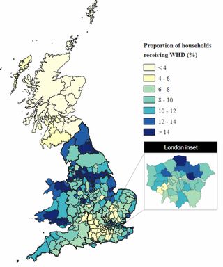 A map showing the percentage of homeowners receiving the Warm Home Discount