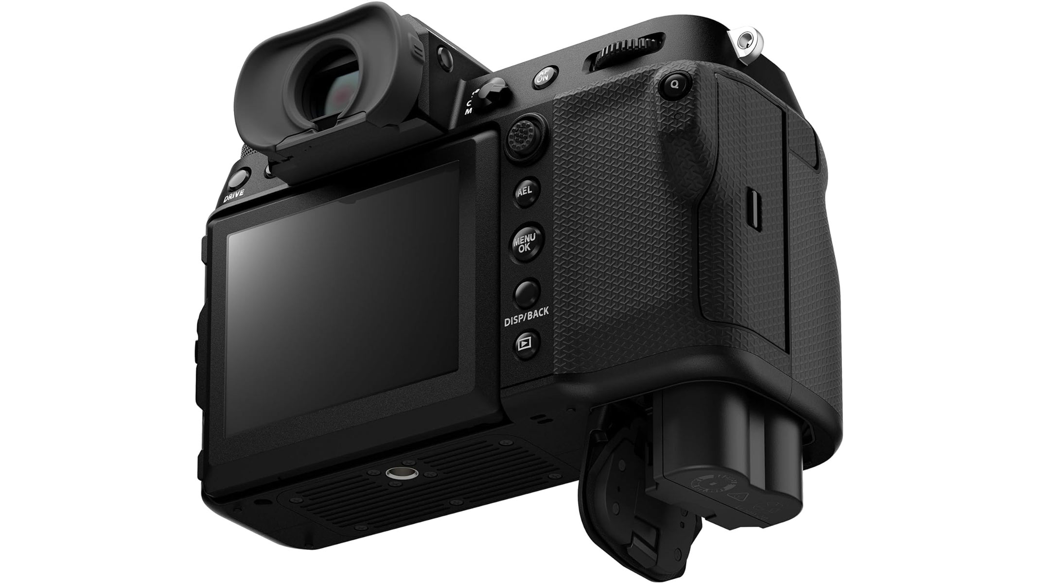 The Fujifilm GFX100S II showing the battery and open battery compartment