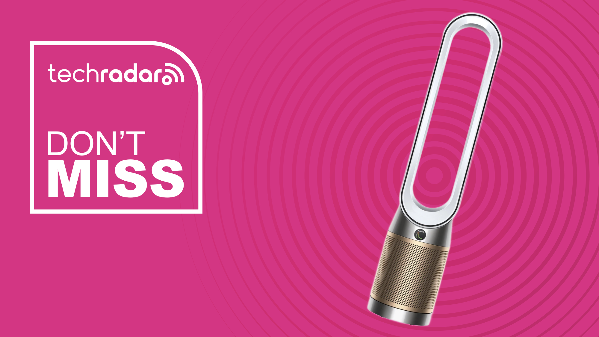 The Dyson Purifier Cool Formaldehyde TP09 is pictured against a pink background, with white text to the left which reads &quot;Don&#039;t Miss&quot;.