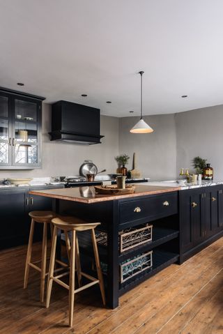 black kitchen island with copper worktop