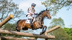 Georgie Goss (n&eacute;e Spence) is pregnant. Pictured here at at Badminton Horse Trials 2018, riding Wii Limbo, jumping a fence on the cross-country course.