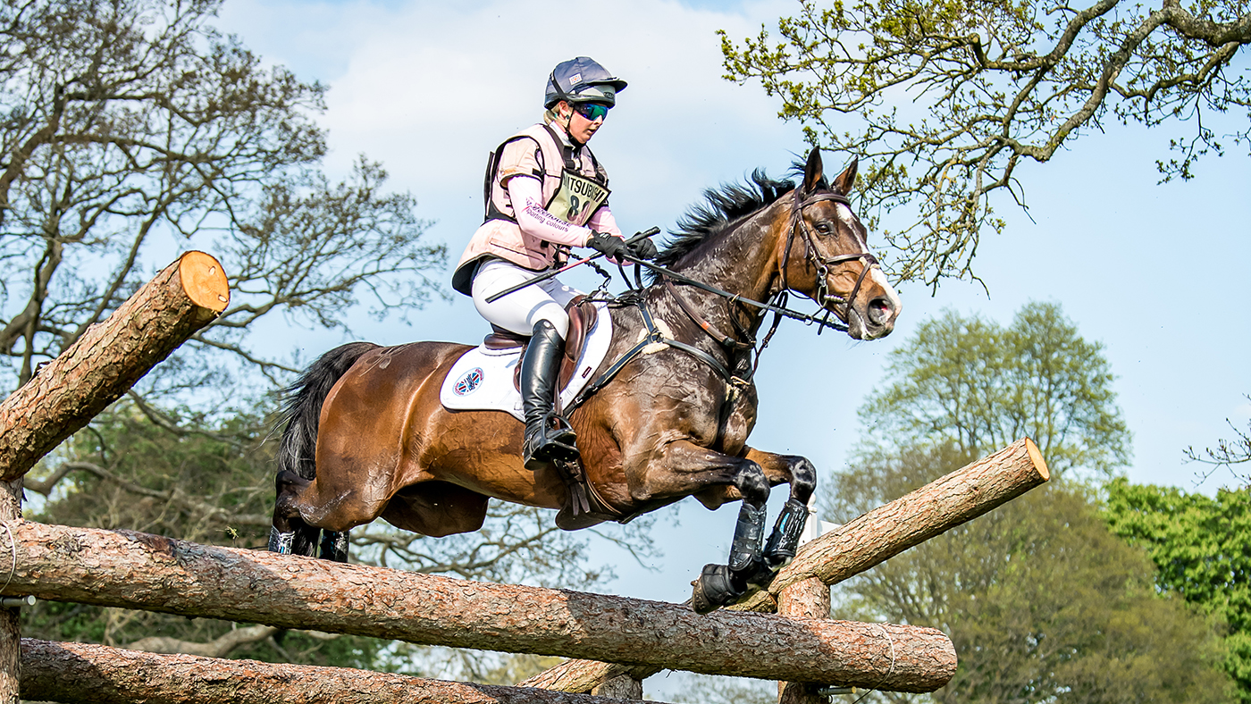 Georgie Goss (n&eacute;e Spence) is pregnant. Pictured here at at Badminton Horse Trials 2018, riding Wii Limbo, jumping a fence on the cross-country course.