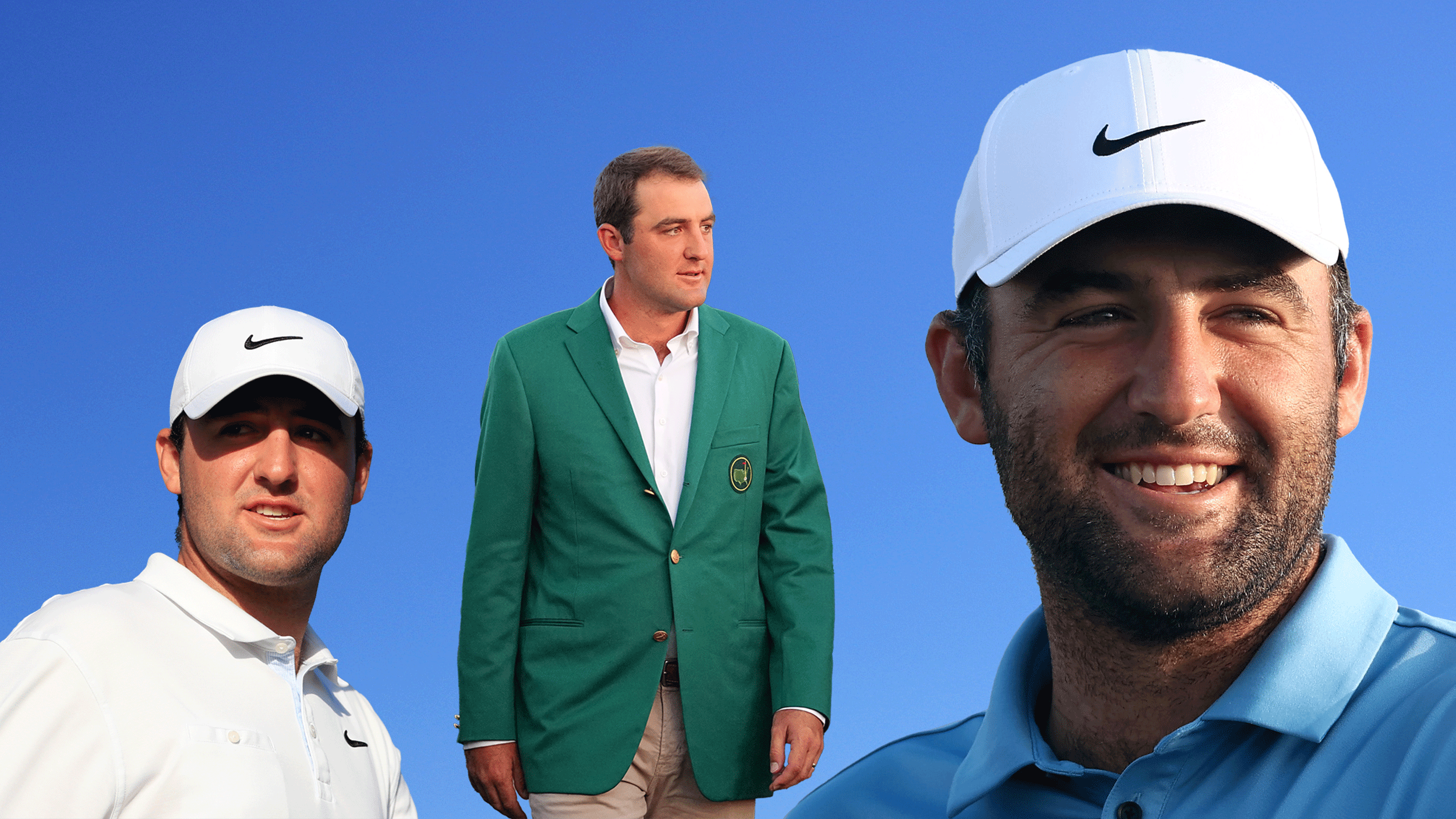 Scottie Scheffler in 2018 (left), Scheffler wearing his first Masters Green Jacket in 2022 (middle) and Scheffler smiling in 2025 (right)