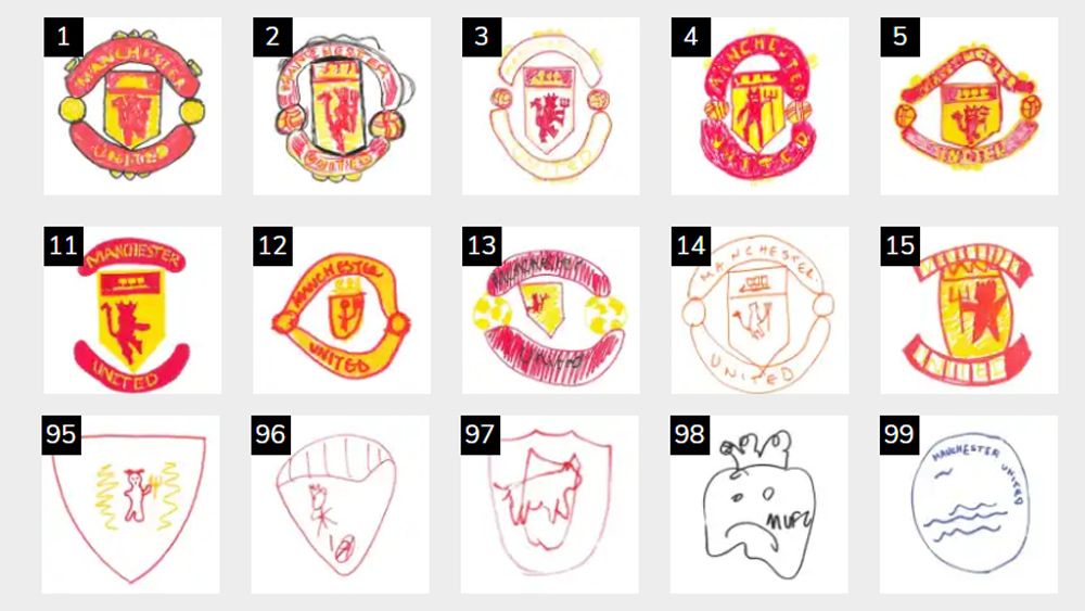 Football badges drawn from memory