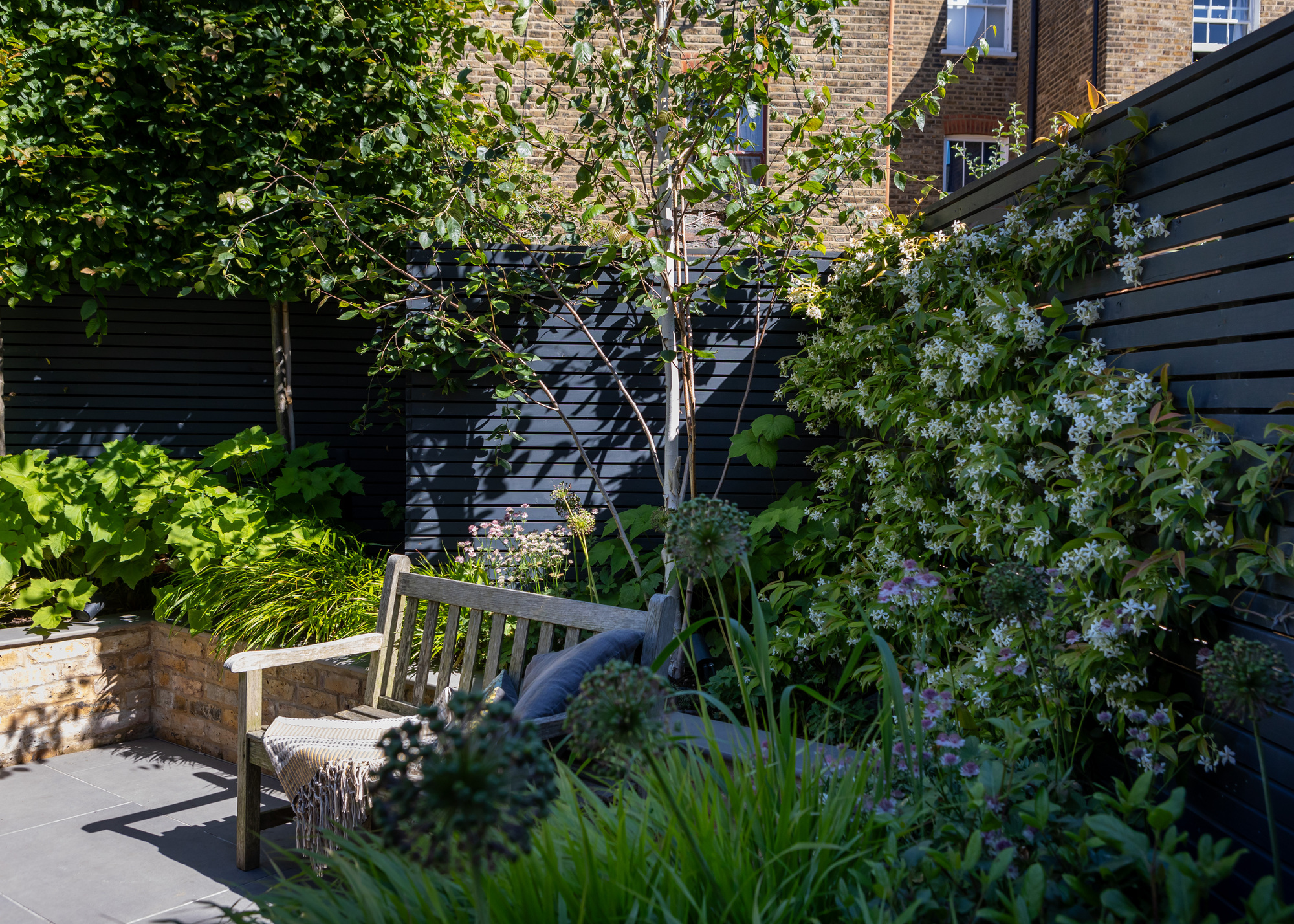 garden corner with a bench in front of a black timber fence and trees for privacy surrounding it