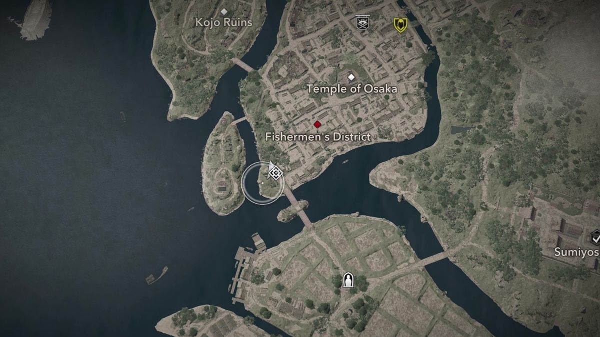 Assassin's Creed Shadows Butterfly Collector locations - A map showing the location of the tenth butterfly in Osaka.