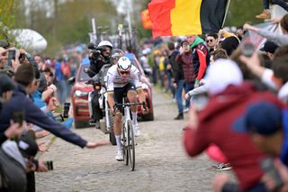 Mathieu van der Poel en route to victory at 2024 Paris-Roubaix