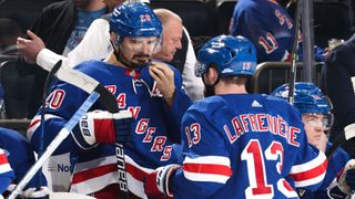 Some athletes use smelling salts in the hopes that it will improve their performance. Here, Chris Kreider (left) and Alexis Lafreniere (right) of the New York Rangers use smelling salts before a game at Madison Square Garden on Nov. 1, 2022 in New York City.