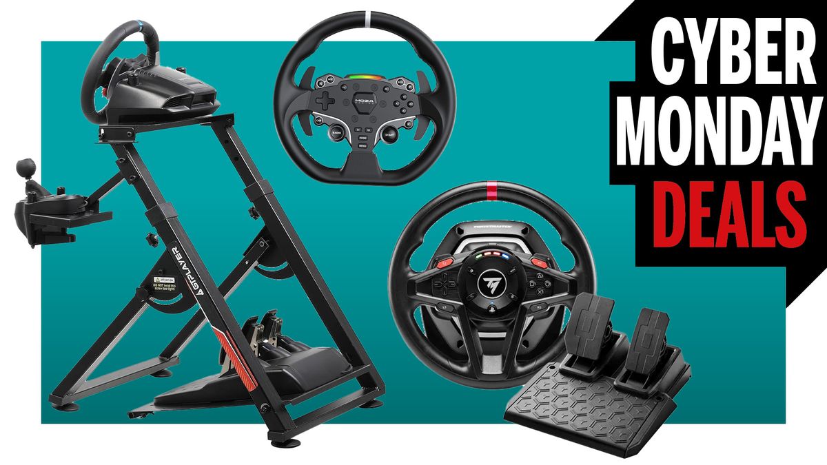 Two racing wheels, some pedals, and a sim racing stand on a blue background with &#039;Cyber Monday deals&#039; in the top corner.