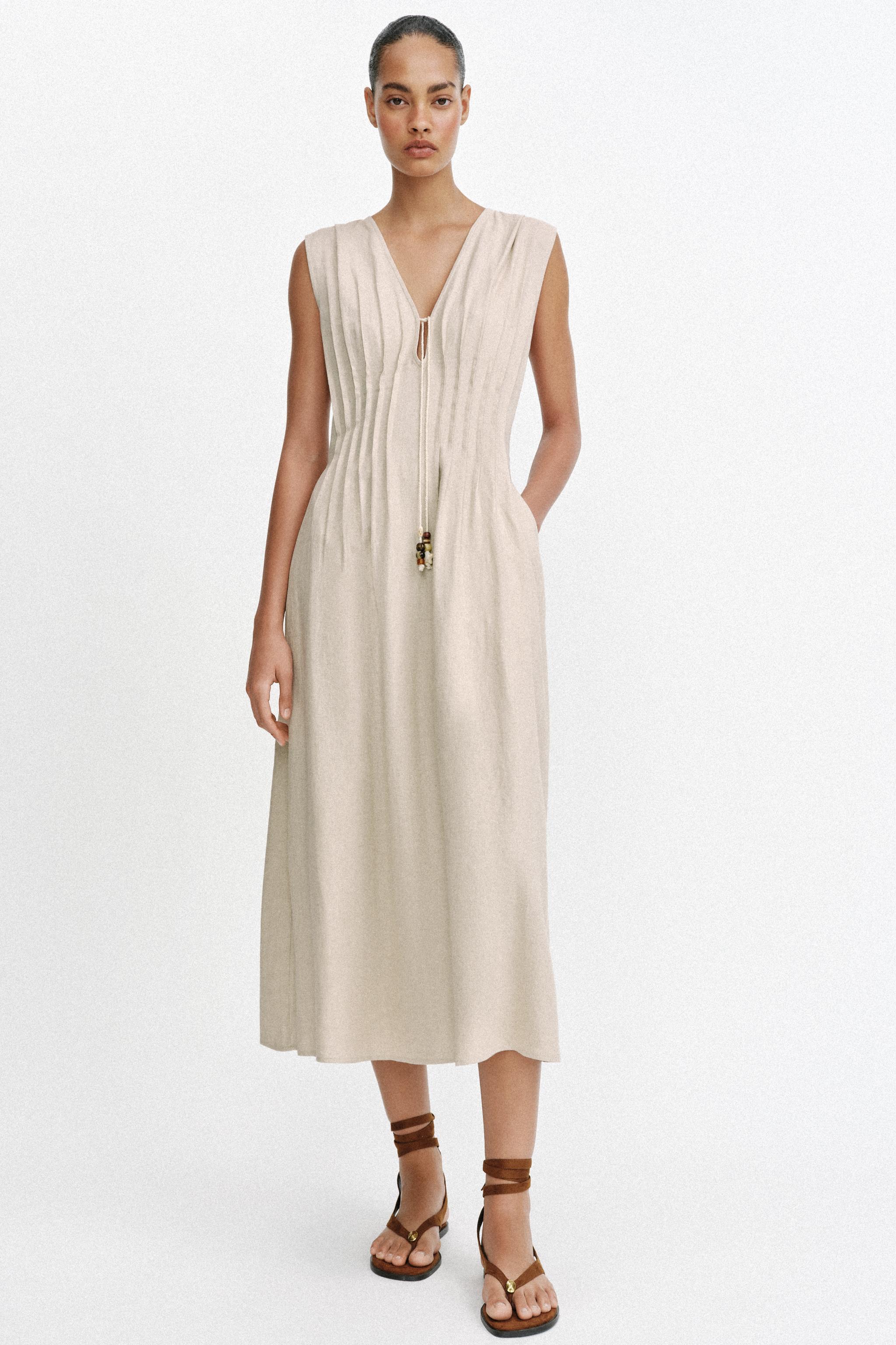Midi Linen Blend Dress With Tucks