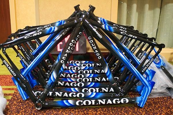 This lot must be worth a tidy sum... the Navigators team issue Colnago C50 frames are ready for building.