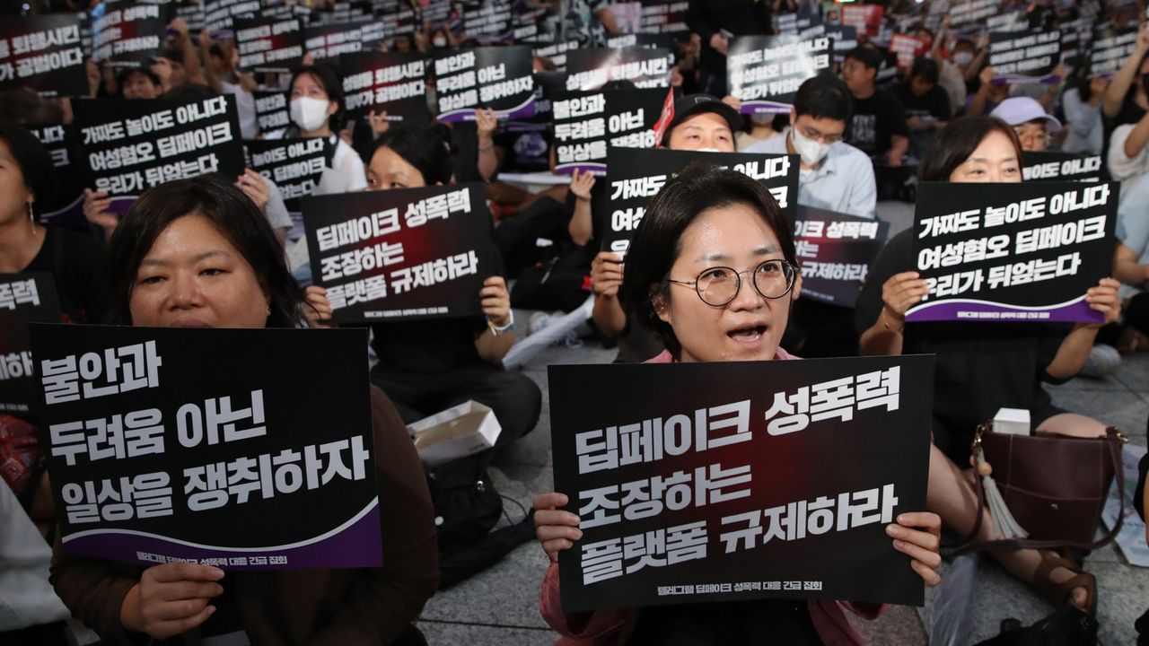 South Korean activists march in an anti-deepfake rally on Sept. 6, 2024, in Seoul. 