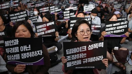 South Korean women march in an anti-deepfake rally on Sept. 6, 2024, in Seoul. 