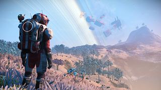 An image of an explorer from Hello Games' No Man's Sky, standing over a vast and verdant planet.