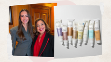 Laura Geller pictured with w&h beauty writer Sennen Prickett, next to images of Laura Geller Beauty Spackle primers