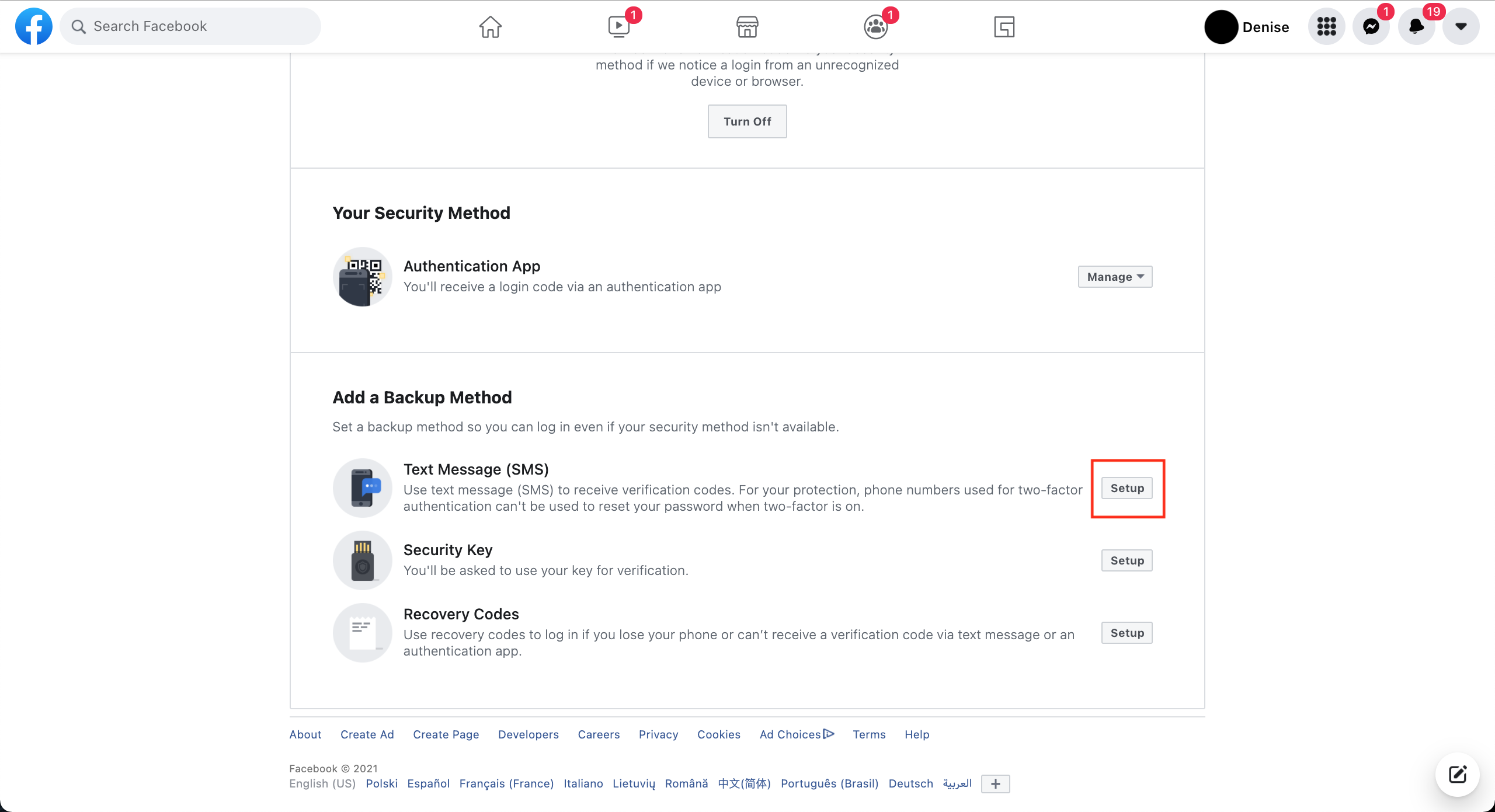 How to set up two-factor authentication on Facebook using a browser