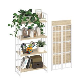 A white and wood foldable storage bookshelf