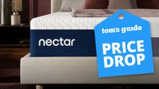 A close up of the end of a Nectar Classic Memory Foam Mattress on a bed frame, a Tom's Guide price drop deals graphic (right)