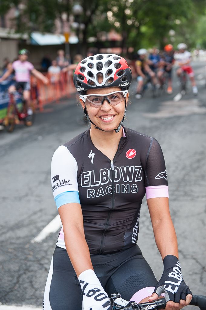 Carmen Small with a smile and her Elbowz team clothing before the start of stage 2
