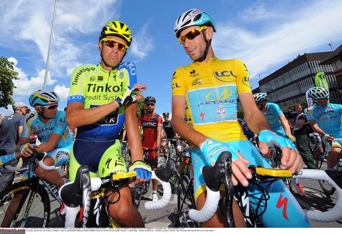 Battles between Alberto Contador and Vincenzo Nibali never materialized as Contador would soon drop out from injury. They are pictured here during stage 3.