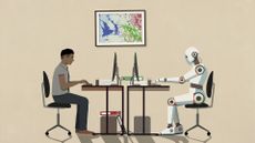 Automation concept image showing human software developer working on a desktop computer mirrored by a robot working on a desktop computer.