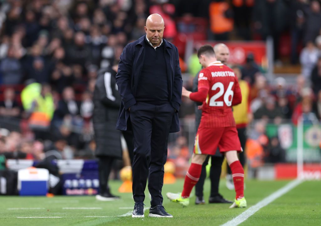 Arne Slot, Manager of Liverpool, reacts after Andrew Robertson was shown a red card during the Premier League match between Liverpool FC and Fulham FC at Anfield on December 14, 2024 in Liverpool, England. (Photo by Alex Livesey/Getty Images)