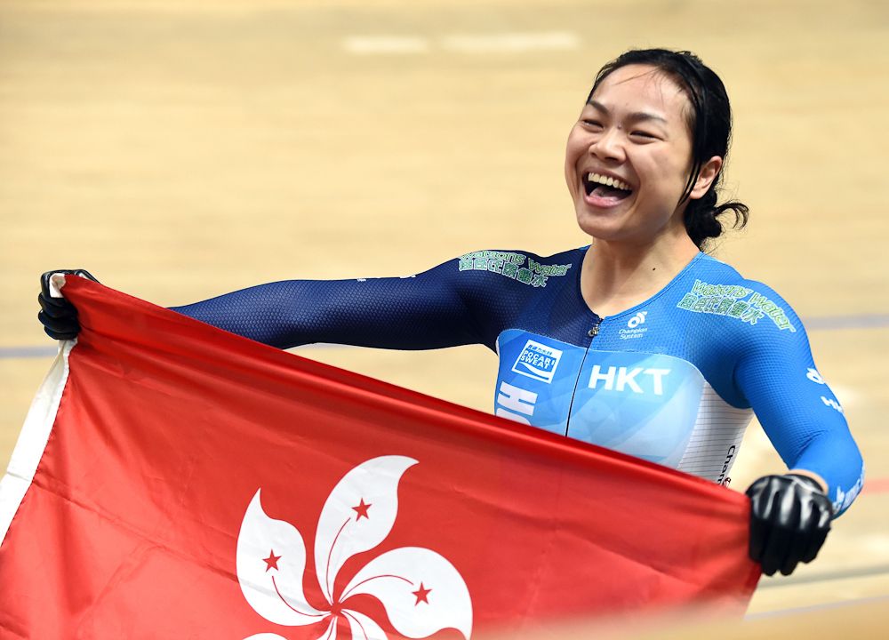 Hong Kong's Wai Sze Lee celebrates after winning the Women's Sprint final at the UCI Track Cycling World Championships