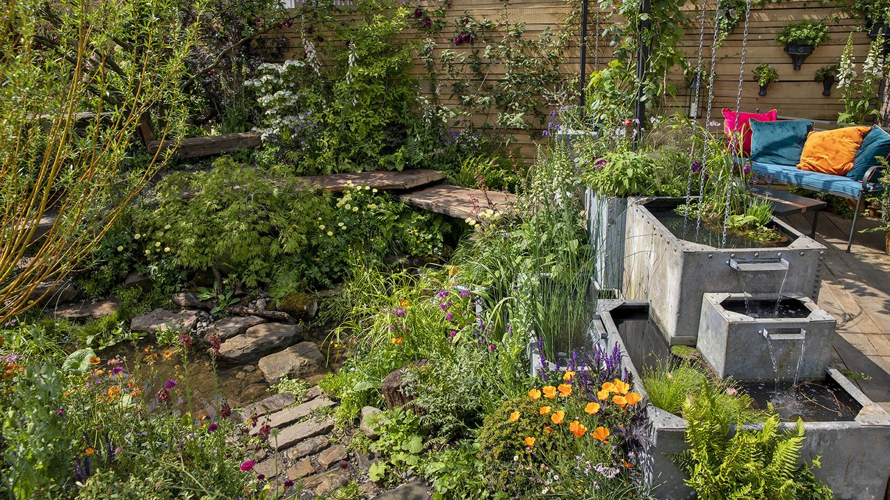 Rainwater harvesting and flood water swale in Flood Re: The Flood Resilient Garden at Chelsea Flower Show 2024