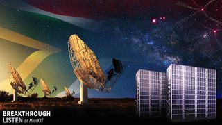 An illustration of the MeerKAT telescope in South Africa and the Breakthrough Listen computing cluster scanning the sky for possible signals from extraterrestrial life.