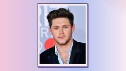 Niall Horan wears a black suit jacket as he attends The BRIT Awards 2020 at The O2 Arena on February 18, 2020 in London, England. / In a pink, blue and cream gradient template