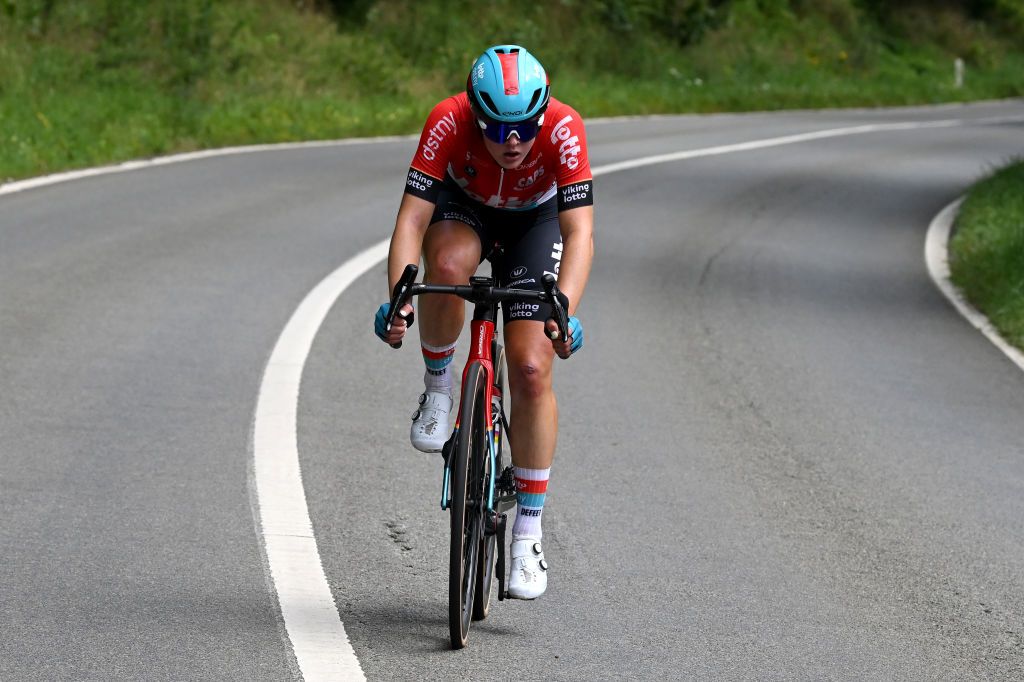 AMNEVILLE FRANCE AUGUST 15 Wilma Aintila of Filand and Team Lotto Dstny Ladies competes in the breakaway during the 3rd Tour de France Femmes 2024 Stage 5 a 1522km stage from Bastogne to Amneville UCIWWT on August 15 2024 in Amneville France Photo by Dario BelingheriGetty Images