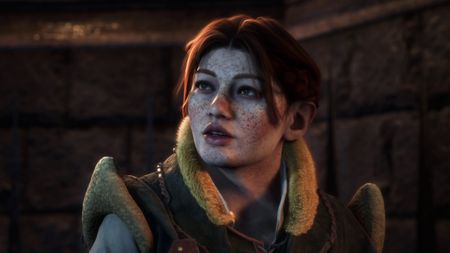 Dragon Age: The Veilguard - Lace Harding looks inquisitive in a dark inn