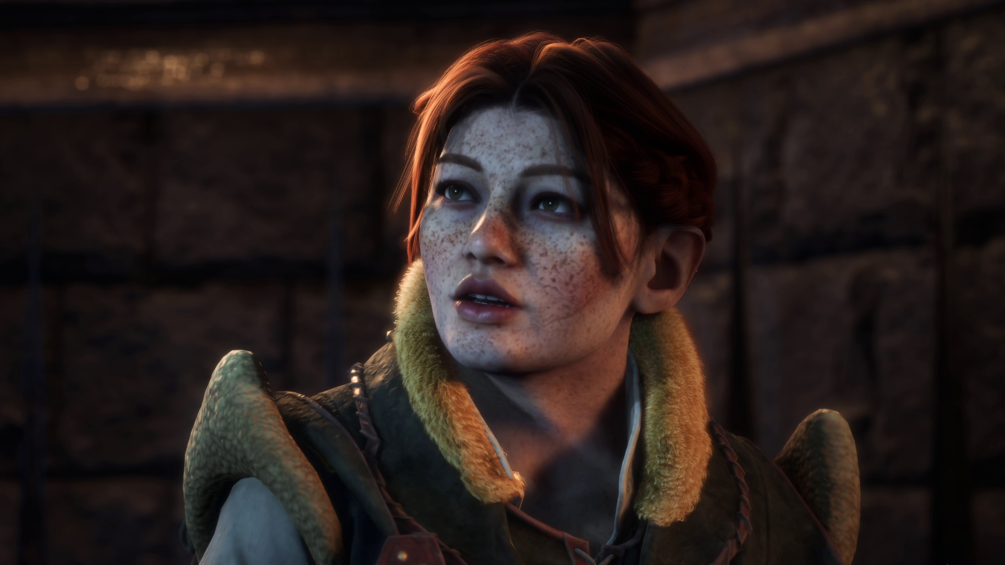 Dragon Age: The Veilguard - Lace Harding looks curiously in a dark inn