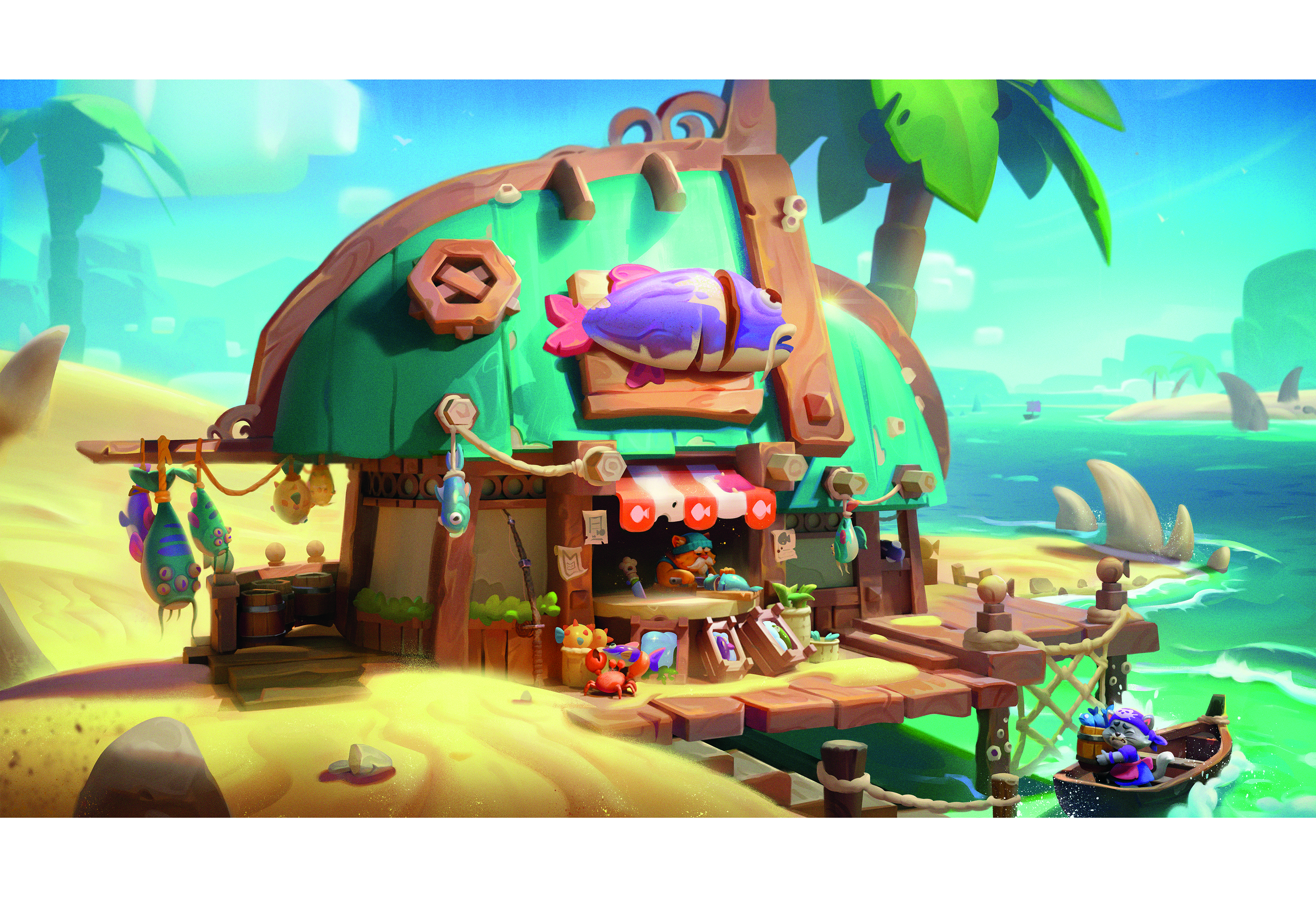 A render of a colourful, cartoon beach hut