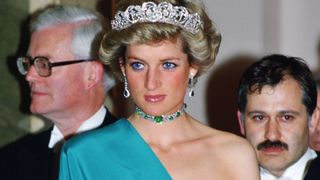 LONDON, UNITED KINGDOM - JULY 14: Princess Diana attends a banquet at Claridges Hotel in London wearing the Spencer Tiara and Queen Mary's emerald and diamond choker.