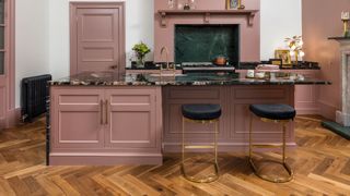 Dusky pink kitchen with stained parquet wooden floor new kitchen color trend