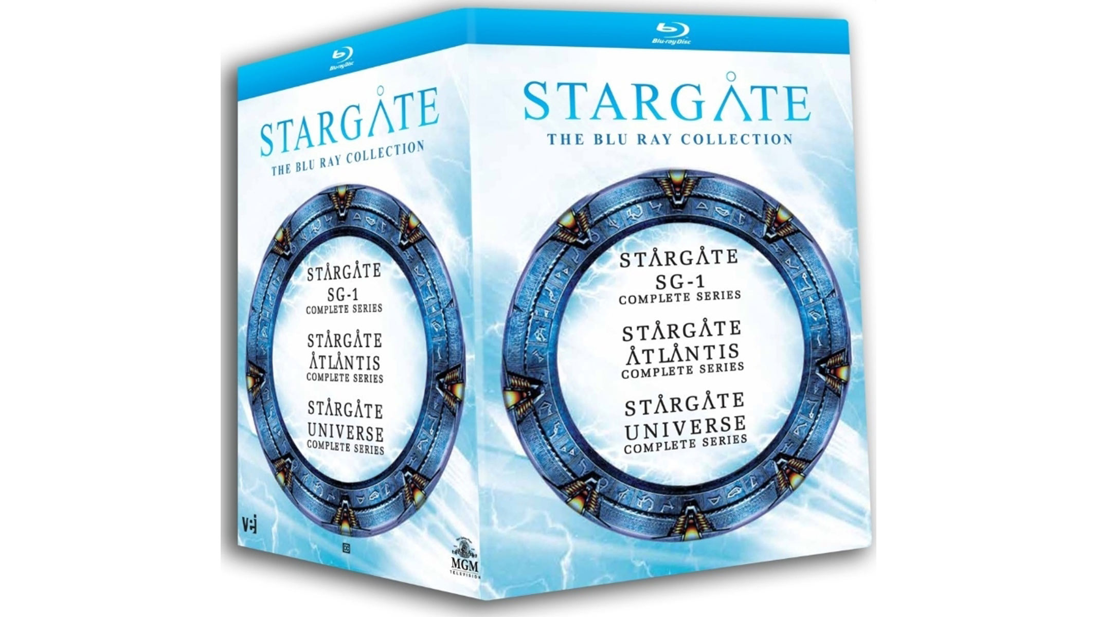 Two sides of a blue and white with a circle in its center and writing inside is on a white background.