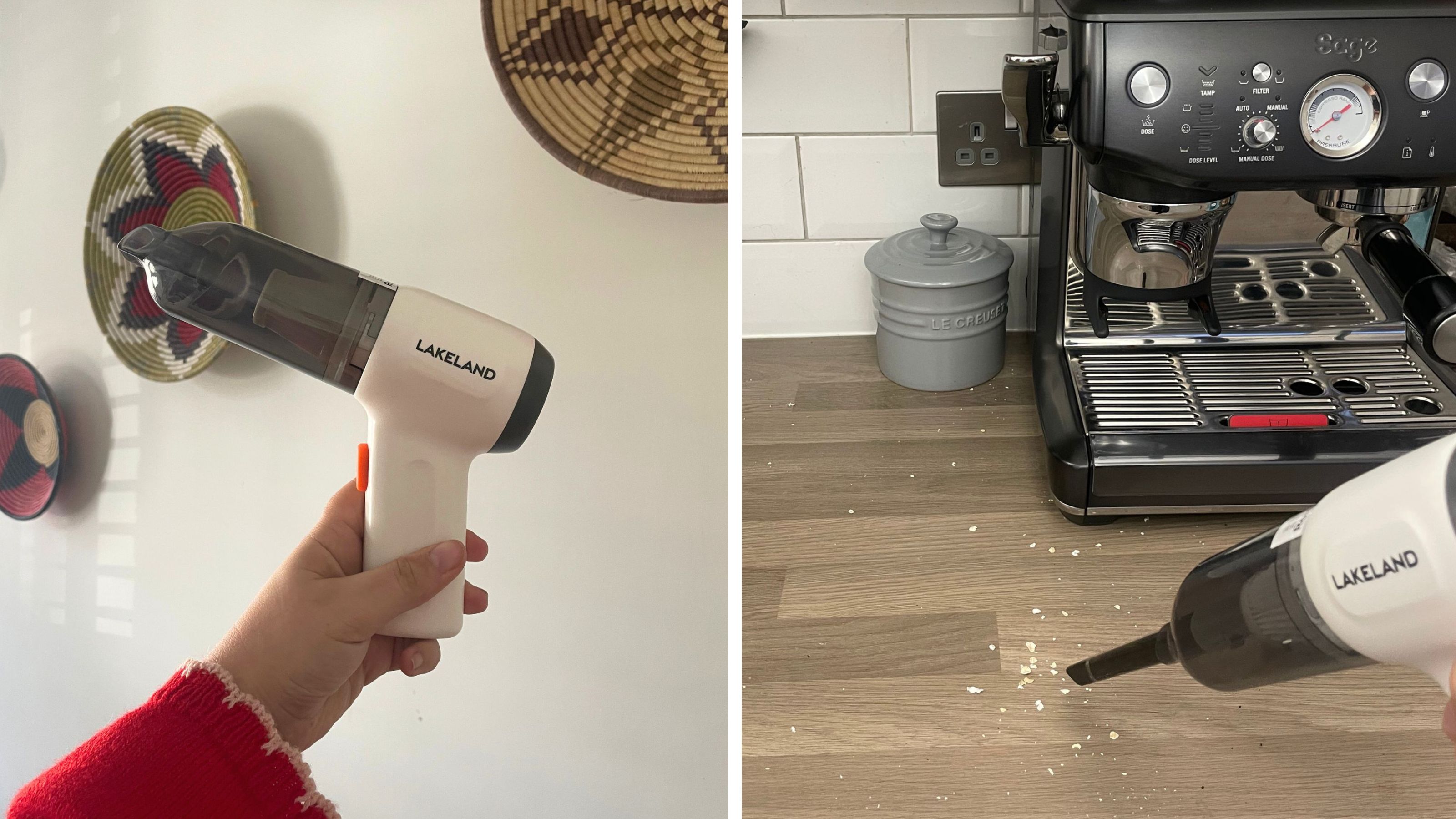 Hand holding the Lakeland mini vacuum in front of a white wall with colourful baskets on it on the left, and the same vacuum sucking up porridge oats in front of a coffee machine on the right