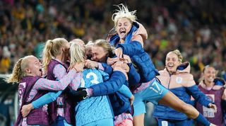 England players celebrate after beating Australia in the Women's World Cup semi-finals in August 2023.