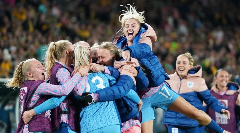 England players celebrate after beating Australia in the Women&#039;s World Cup semi-finals in August 2023.