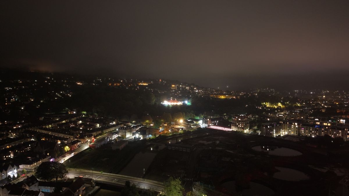 A shot of Bath, UK, taken at night with a DJI Air 3S drone