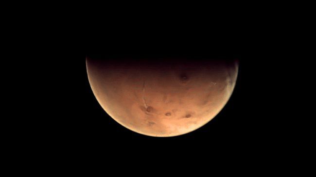 Europe&#039;s Mars Express orbiter captured this image of a half-lit Red Planet in December 2012.