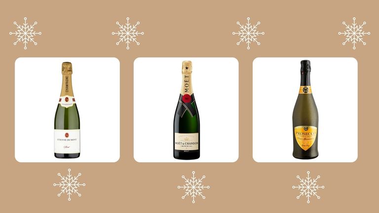 three of the cheapest prosecco and champagne products in the supermarkets for Christmas 2021 on a brown background with white snowflake decoration