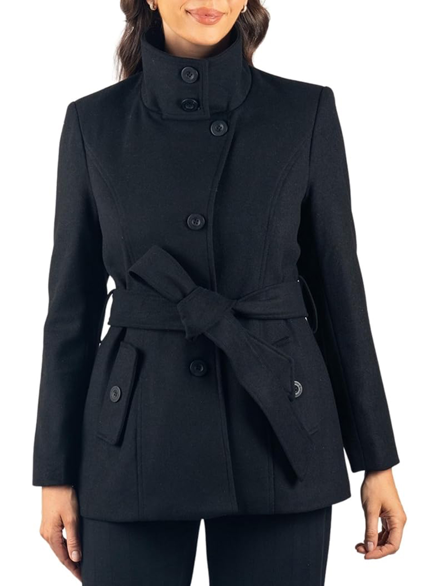 Alpine Swiss, Womens Belted Blazer Alpine Swiss Wool Blend Hot Convertible Funnel Neck Collar, Black Xl